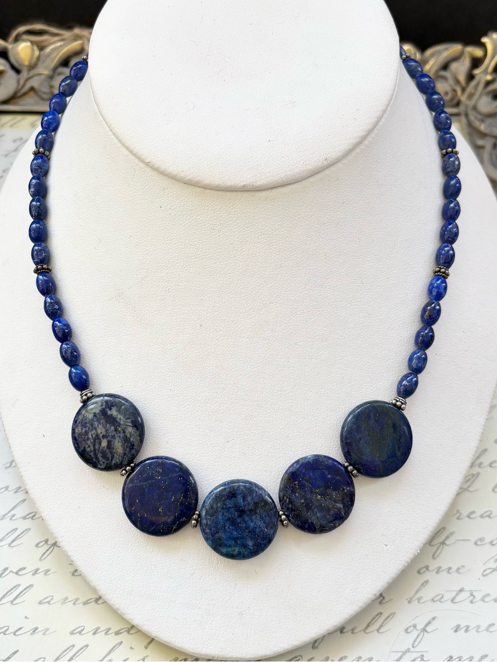 Lapis Lazuli Round Bead Statement Necklace - Sterling Silver Bali Beads